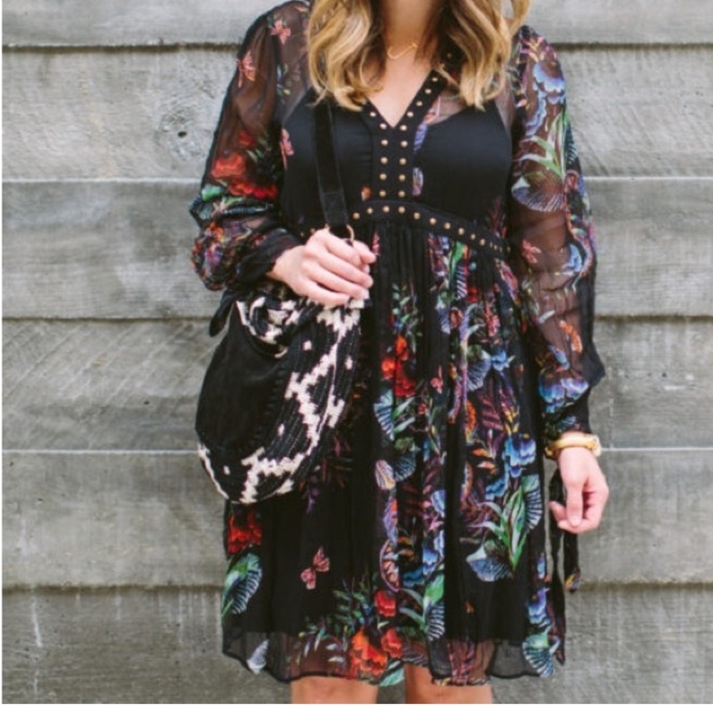 Maeve Anthropologie Black Nighttime Floral Chiffon Studded Sheer Mini Dress 4